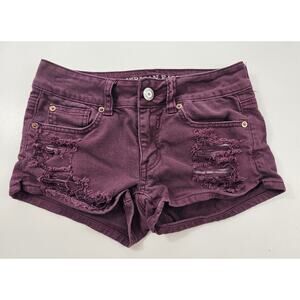 American Eagle sz 0 stretch destroyed shortie jean shorts maroon red y2k junior^